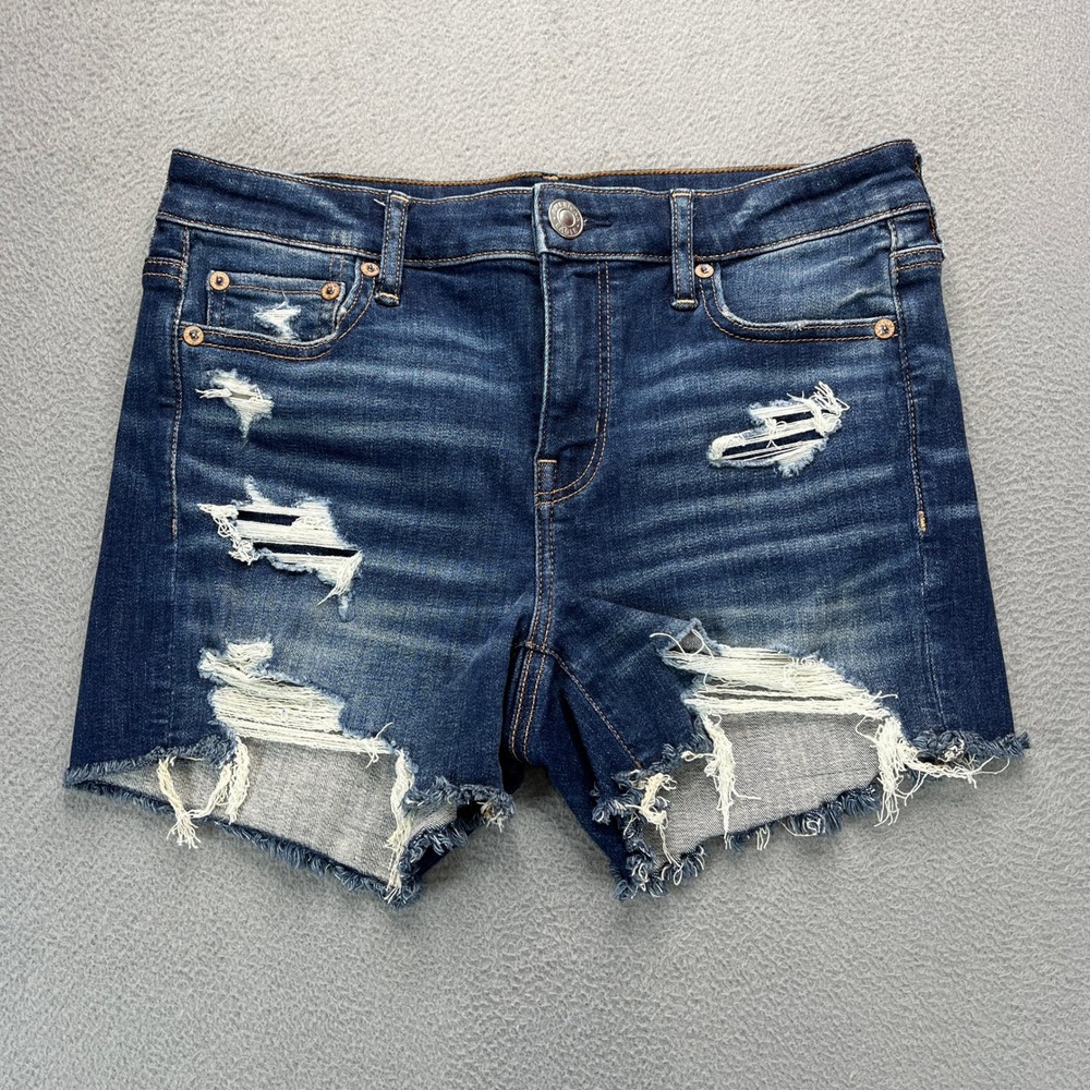 American Eagle Ne(x)t Level Stretch Midi Shorts Womens 6 Blue Distressed Denim